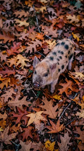 Spotted Piglet in Fallen Autumn Leaves