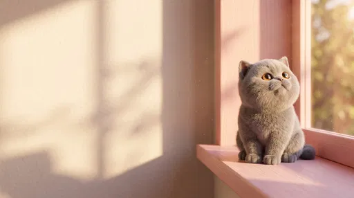 Stylized Gray Kitten on Pink Windowsill