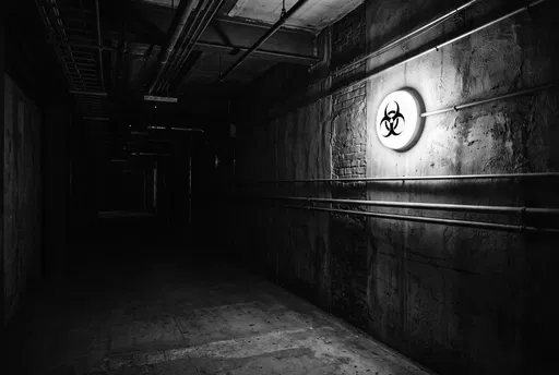 Glowing Biohazard Sign in Dark Industrial Corridor