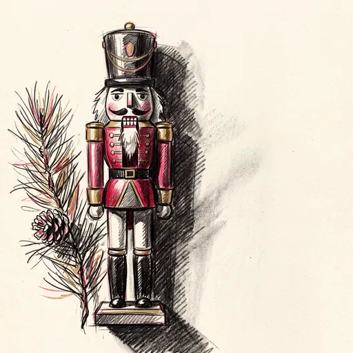 Hand-Drawn Nutcracker Soldier and Pine Sprig