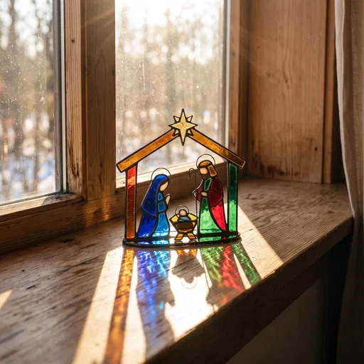 Stained Glass Nativity on Sunlit Windowsill