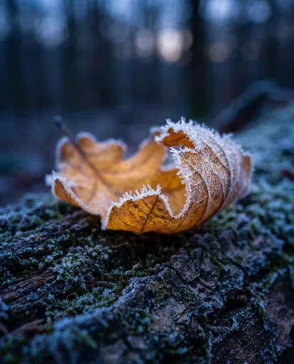 Frosted Oak Leaf on Mossy Log