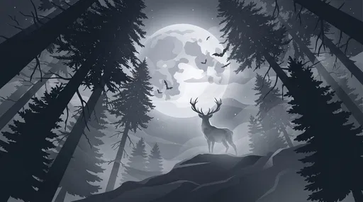 Stag Silhouette Under Full Moon in Forest