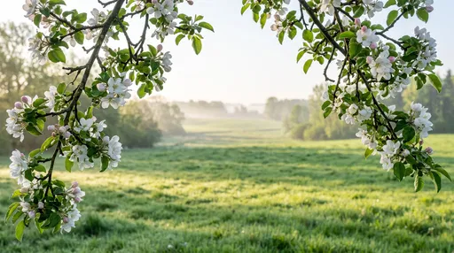 Apple Blossom Branches Framing Sunlit Meadow