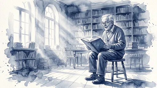 Indigo Watercolor of Elderly Teacher Reading