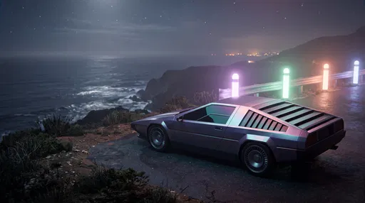 Retro-Futuristic Car on Night Coastal Overlook