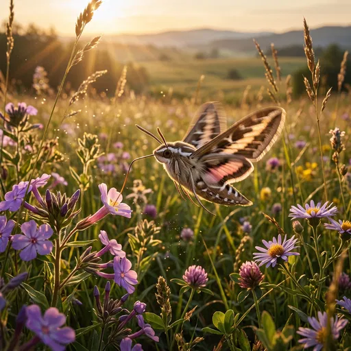 Sphinx Moth Hovering Over Sunlit Wildflower Meadow