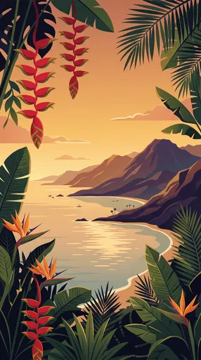 Tropical Hawaiian Bay Sunset Illustration