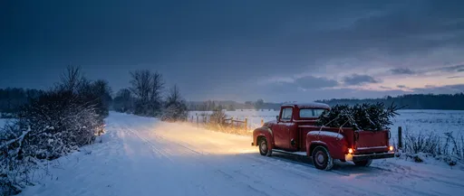 Vintage Red Truck Carrying Christmas Tree