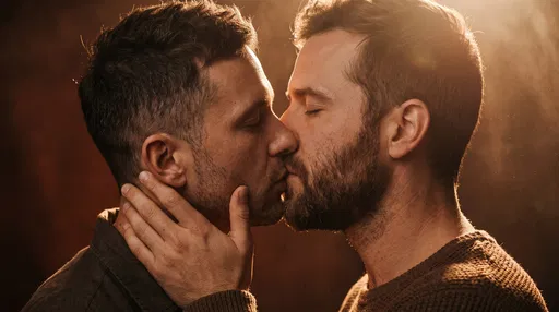 Close Portrait of Two Men Kissing