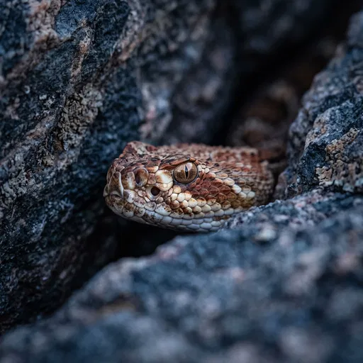 Rattlesnake Peeking from Dark Rock Crevice