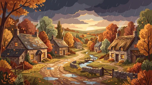 Rainy Autumn Countryside Village Illustration