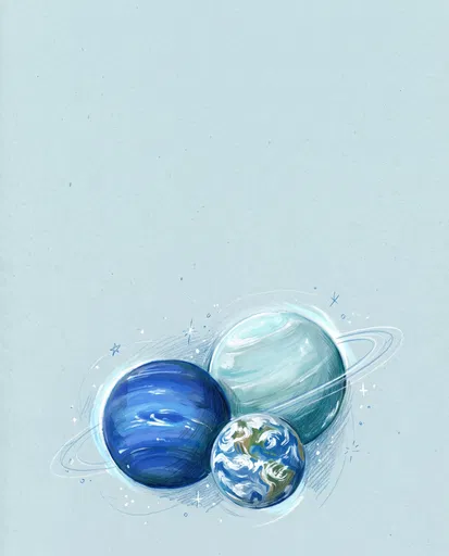 Gouache Illustration of Three Blue Planets