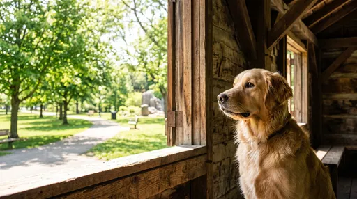 Golden Retriever Looking Out Wooden Pavilion Window