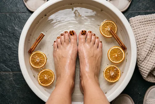 Feet Soaking in Citrus Spa Basin