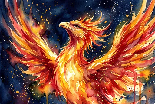 Watercolor Phoenix Rising in Night Sky