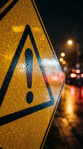 Wet Yellow Caution Sign at Night