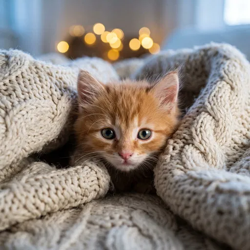 Ginger Kitten in Knitted Blanket