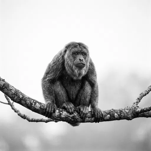Monochrome Howler Monkey on Bare Branch