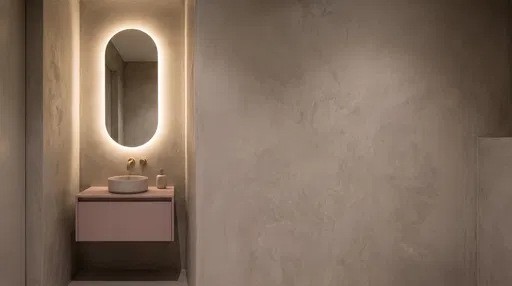 Minimalist Pink Bathroom Vanity With Backlit Mirror