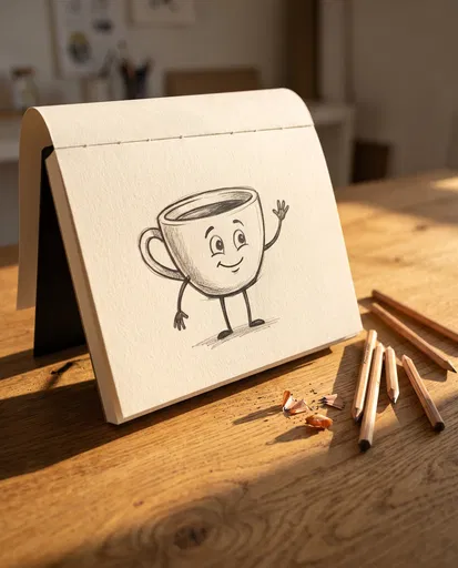 Cartoon Teacup Sketch on Wooden Desk
