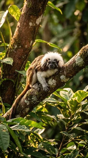 Cotton-Top Tamarin on Sunlit Branch