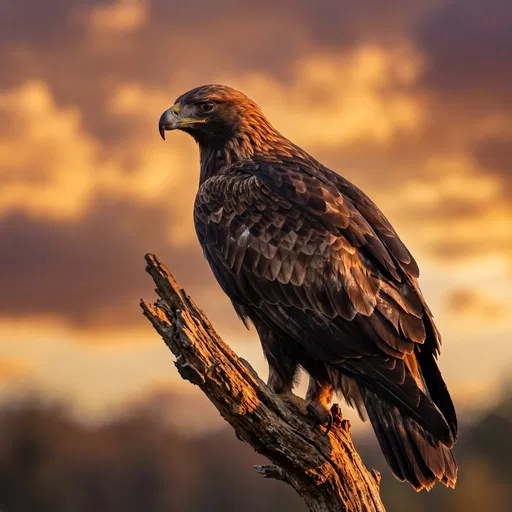 Golden Eagle Perched on Branch at Sunset