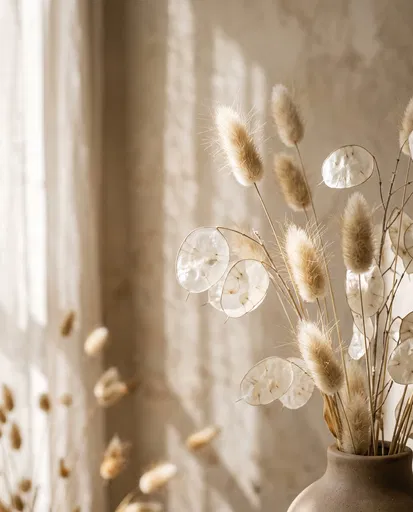 Dried Bunny Tails and Lunaria in Vase