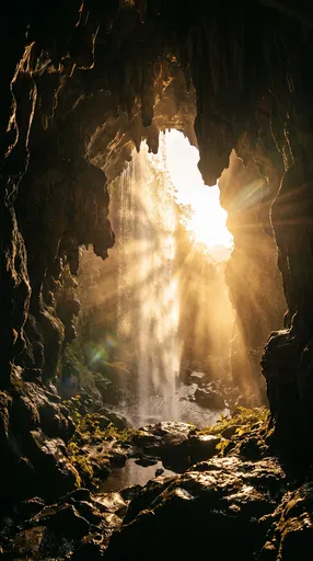 Golden Waterfall Viewed From Dark Cave