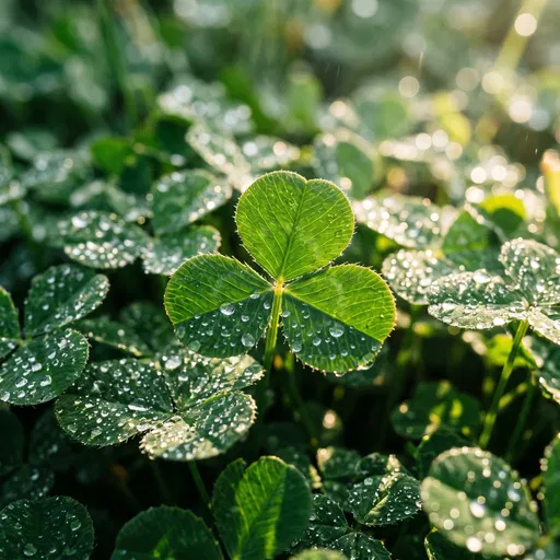 Dew Covered Green Clover in Sunlight