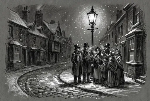 Victorian Carolers Singing Under Street Lantern Sketch