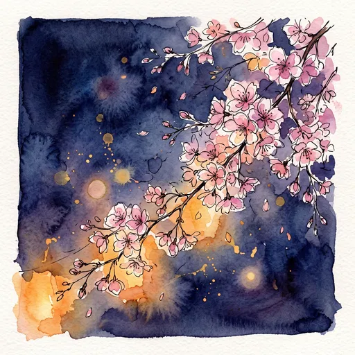 Watercolor Night Cherry Blossoms in Lantern Light