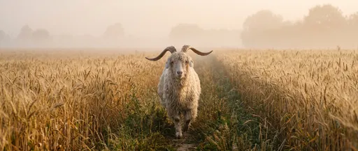 Angora Goat in Foggy Wheat Field