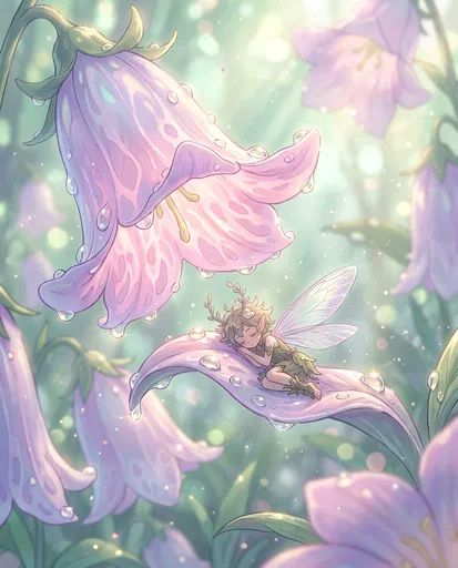 Sleeping Forest Sprite on Dewy Bellflower