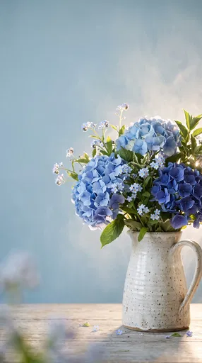 Blue Hydrangeas in Ceramic Pitcher