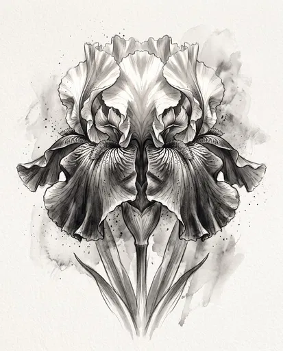Symmetrical Monochrome Watercolor Bearded Iris Illustration