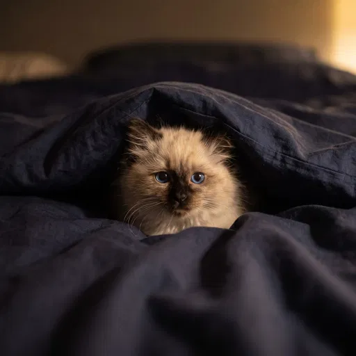 Fluffy Birman Kitten Under Navy Duvet