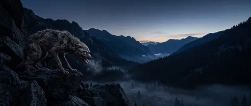 Snarling Beast on Mountain Ledge at Dusk