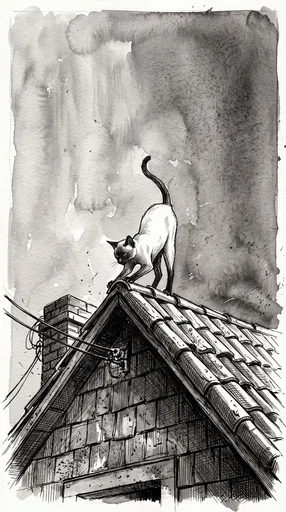 Ink Drawing of Siamese Cat on Rooftop