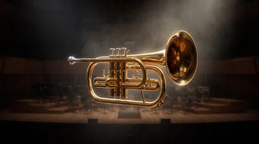 Golden Brass Mellophone Floating in Concert Hall