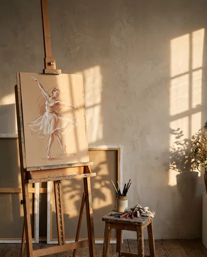 Dancer Sketch on Easel in Sunlit Studio