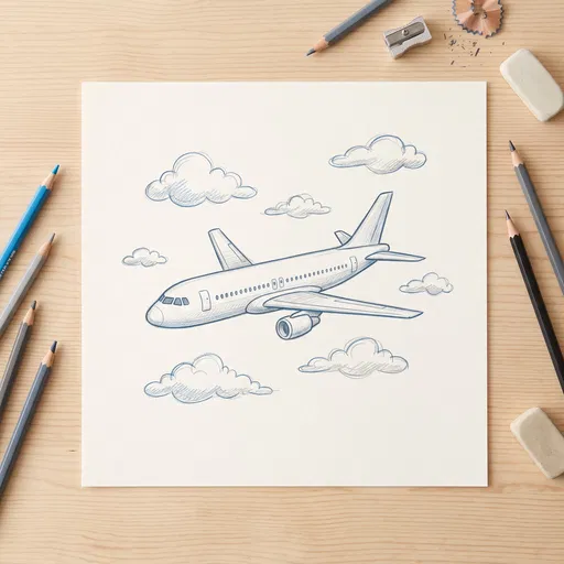 Flat Lay Sketch of Airplane in Clouds