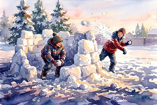 Watercolor Illustration of Winter Snowball Fight