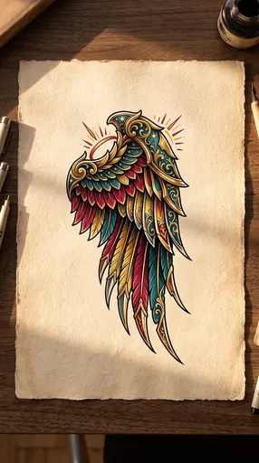Ornate Neo-Traditional Wing Tattoo Design on Parchment