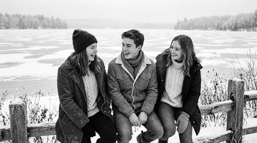 Three Teenagers Laughing by Frozen Lake