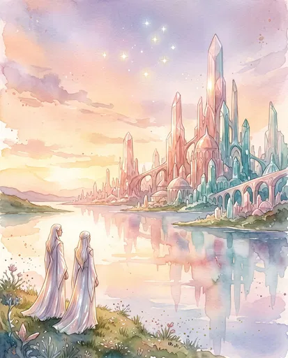 Watercolor Crystal City and Robed Figures