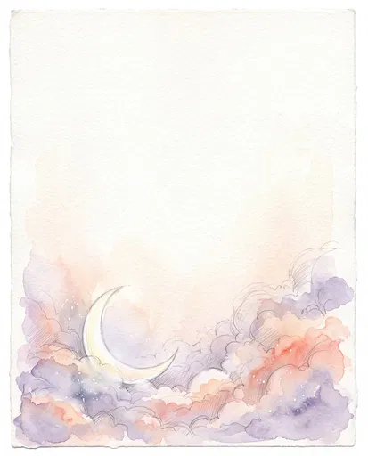 Watercolor Crescent Moon in Pastel Clouds