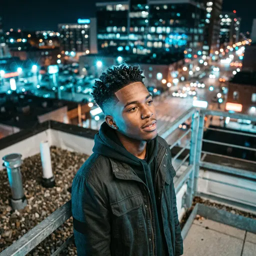 Young Man on Urban Rooftop at Night