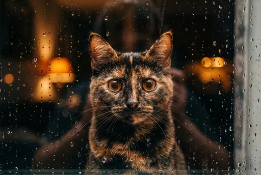 Tortoiseshell Cat Behind Rainy Window