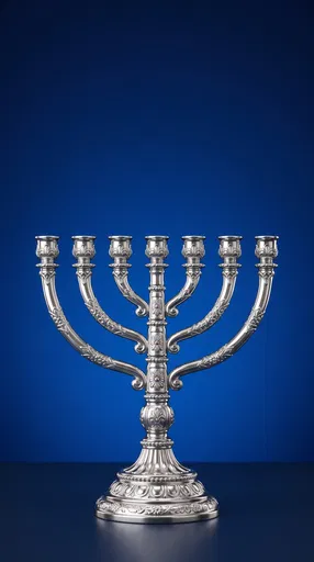 Ornate Silver Menorah on Blue Background
